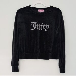Vintage Y2K Juicy Couture Bling Rhinestone Velour Soft Black Cropped Shirt Med